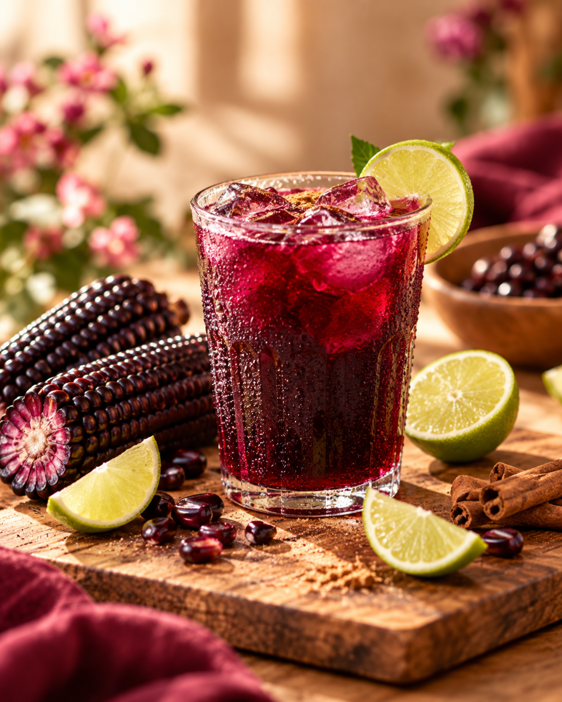 Glass of Chicha Morada, traditional Peruvian purple corn drink